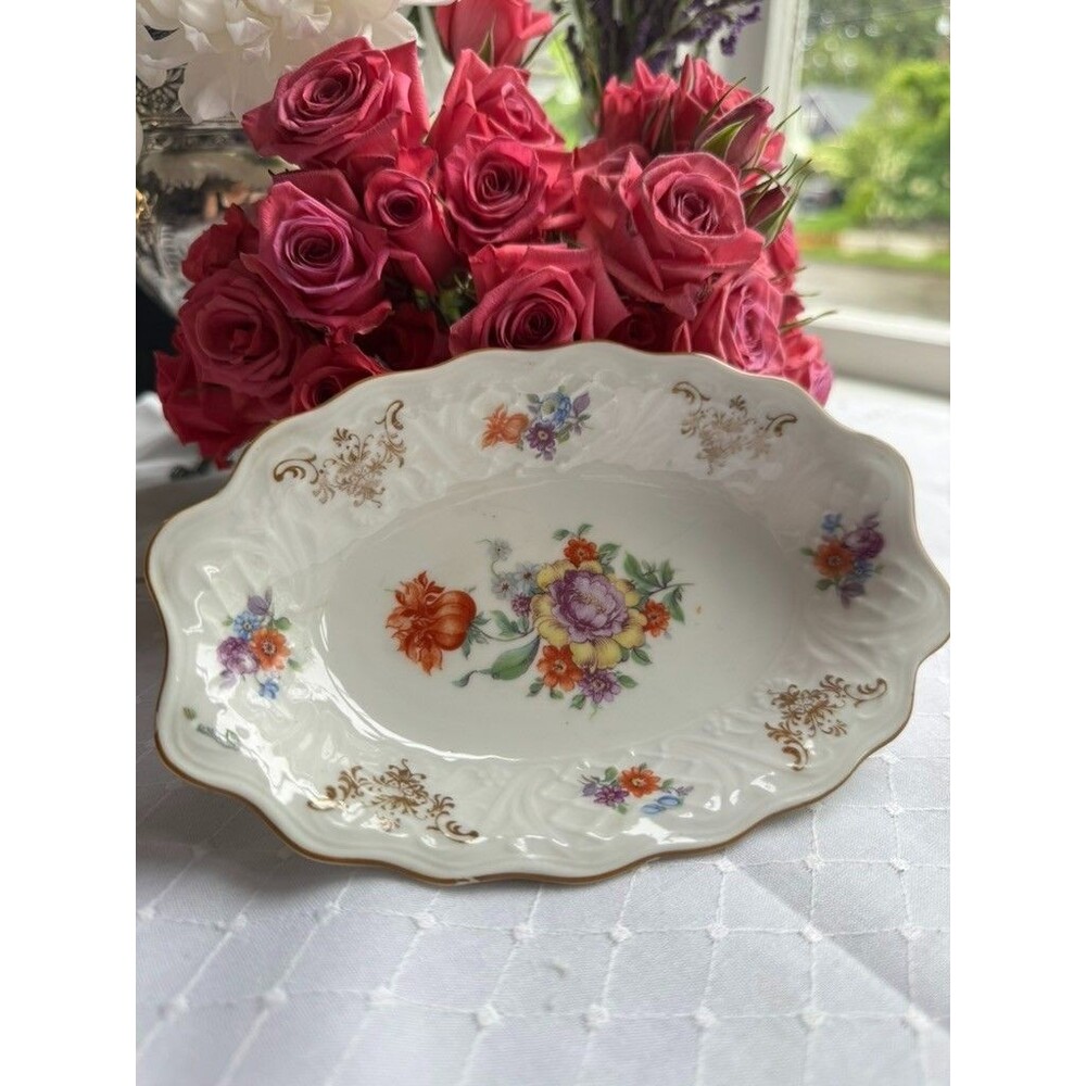 Schumann Bavaria Serving Bowl Gilt Dresden Floral Oval Scalloped Porcelain - Picture 14 of 14